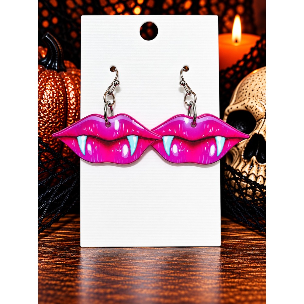 Pink Vampire Lips Earrings Fangs Halloween Spooky Goth Dangle Earrings Vampire